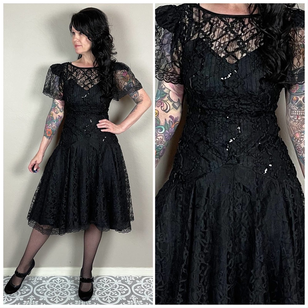 Vintage 1980s Black Lace Short Sleeve Illusion Midi Dress